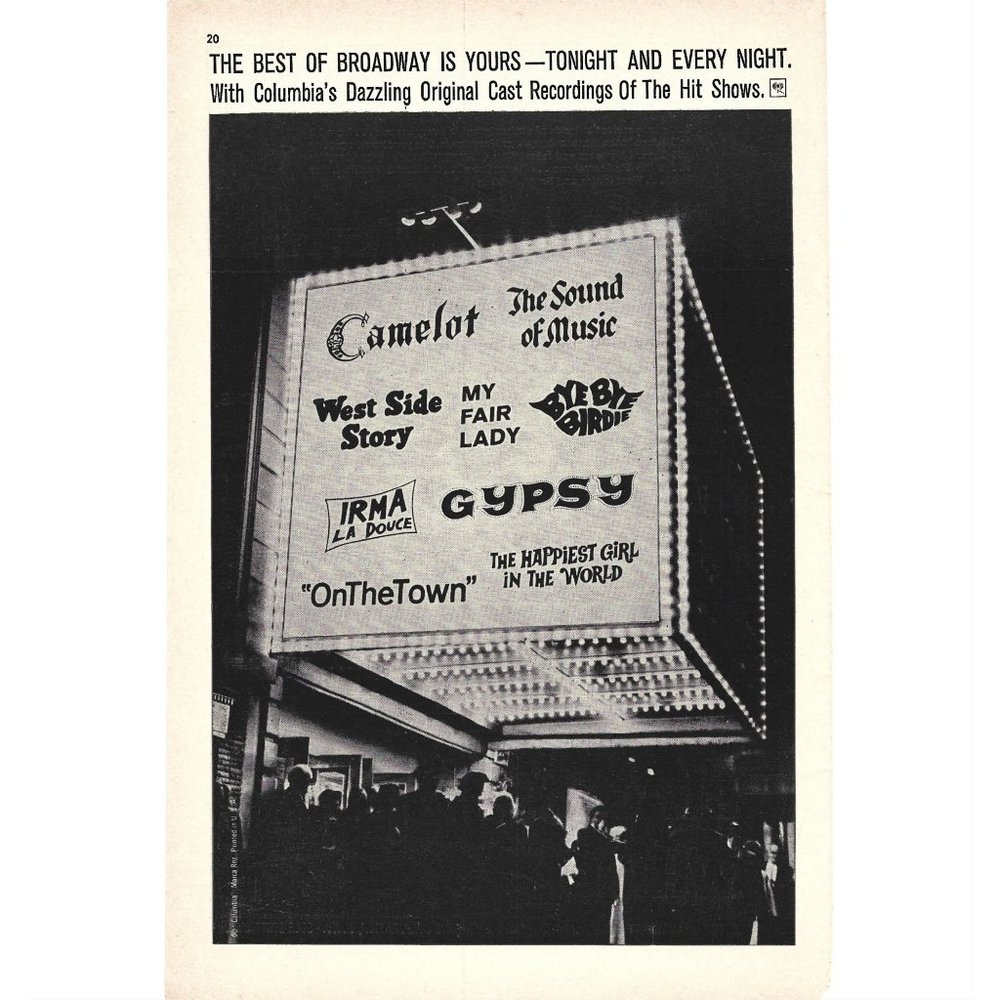 Broadway Ad Camelot Sound of Music Westside story 1960s Vintage Print Ad 9 in
